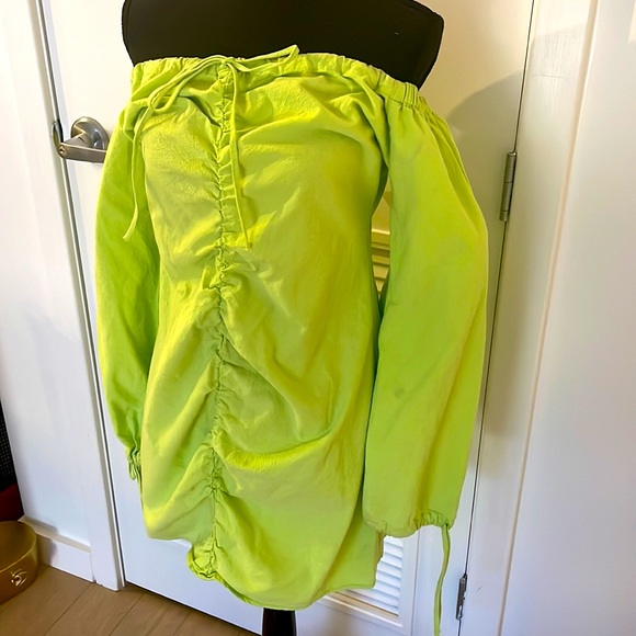 ASOS Draw String Off the Shoulder Lime Green Mini Dress Size 10 - Picture 3 of 11